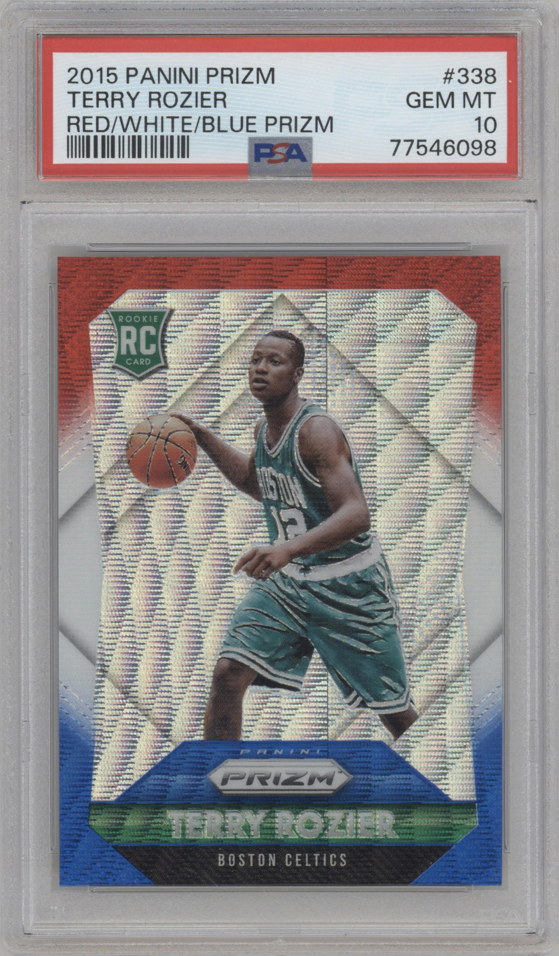 Terry Rozier from the 2015-16 Panini Prizm  set featuring a Red/White/Blue Prizm parallel graded by PSA and given an overall grade of 10.