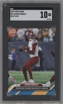 Jayden Daniels from the 2024 Topps Now set featuring a Blue parallel graded by SGC and given an overall grade of 10.