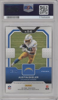 Austin Ekeler from the 2021 Panini Prizm set featuring a Gold Prizm parallel graded by PSA and given an overall grade of 10.