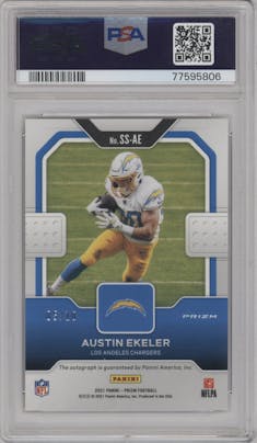 Austin Ekeler from the 2021 Panini Prizm set featuring a Gold Prizm parallel graded by PSA and given an overall grade of 10.