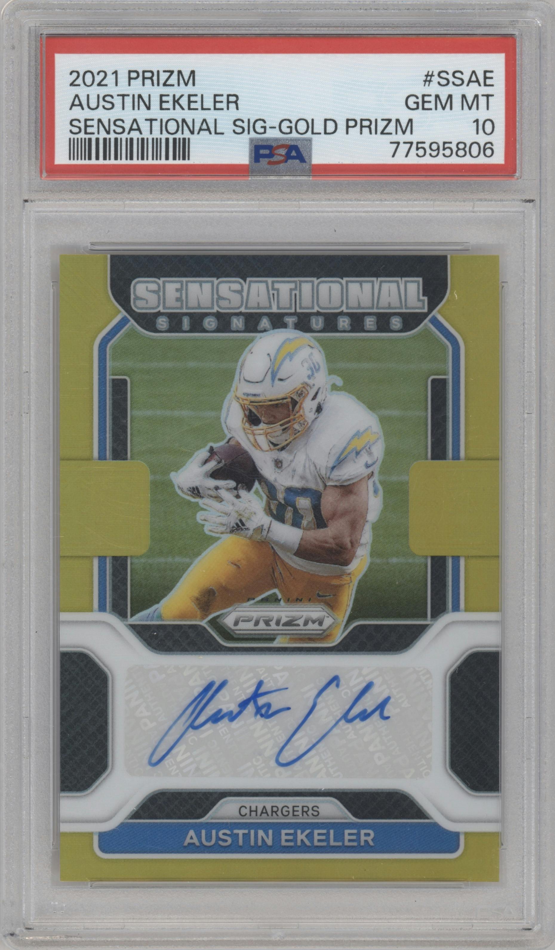 Austin Ekeler from the 2021 Panini Prizm set featuring a Gold Prizm parallel graded by PSA and given an overall grade of 10.