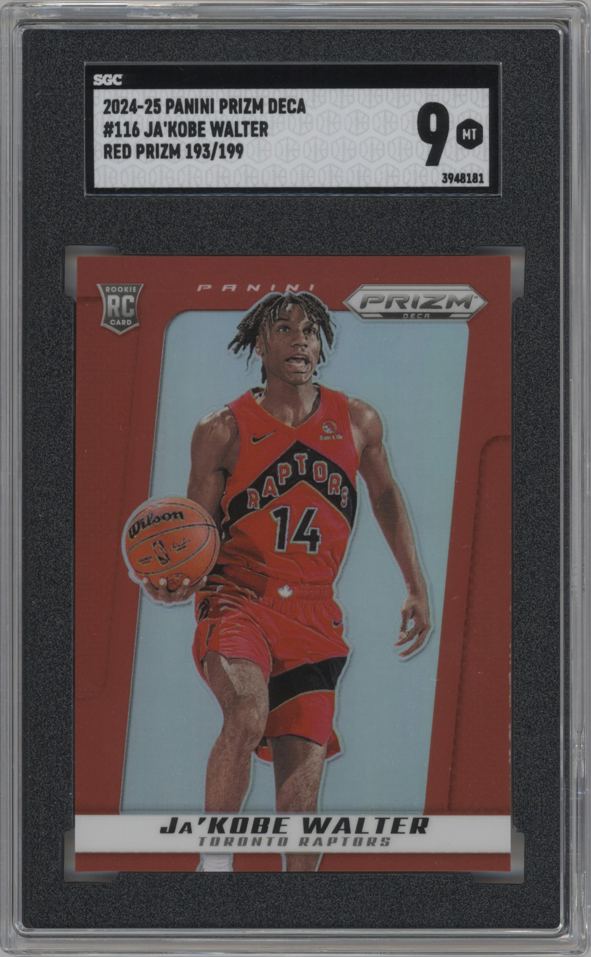 Ja'Kobe Walter  from the 2024-25 Panini Prizm Deca set featuring a Red Prizm parallel graded by SGC and given an overall grade of 9.