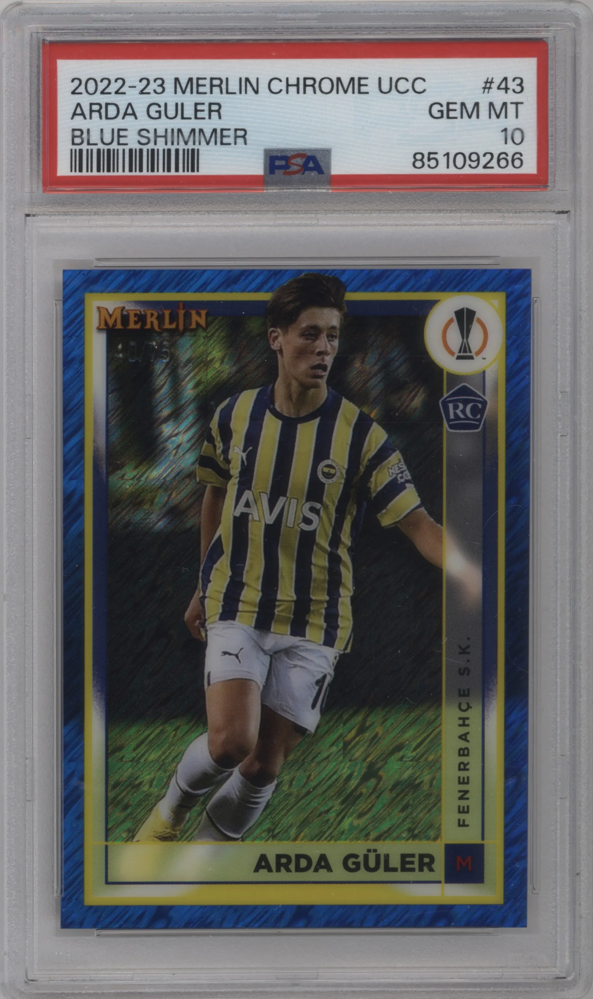 2022 Topps Merlin Chrome UEFA League Arda Guler Blue Shimmer Refractor #43 PSA 10