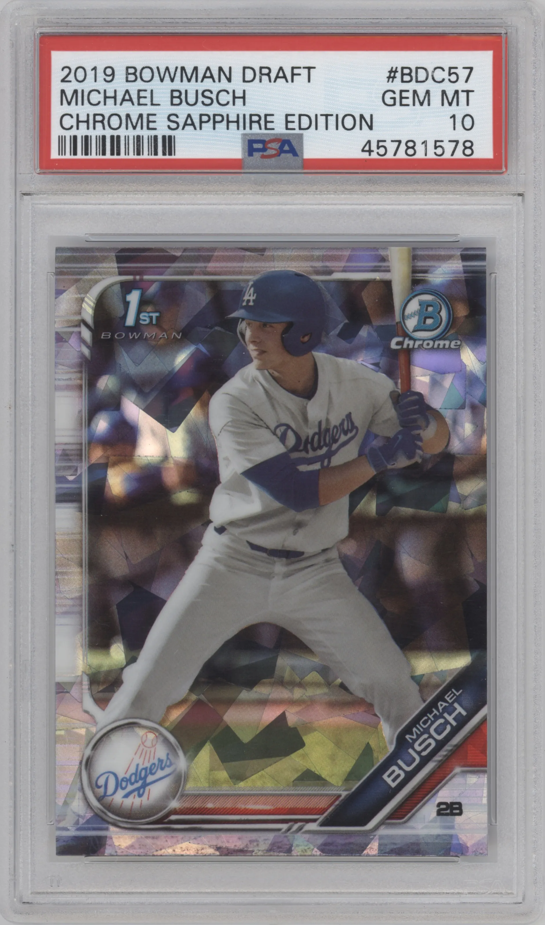 Michael Busch from the 2019 Bowman Draft Sapphire Edition set graded by PSA and given an overall grade of 10.