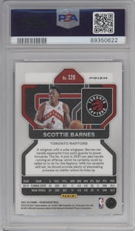 Scottie Barnes from the 2021-22 Panini Prizm  set featuring a Purple Wave parallel graded by PSA and given an overall grade of 10.