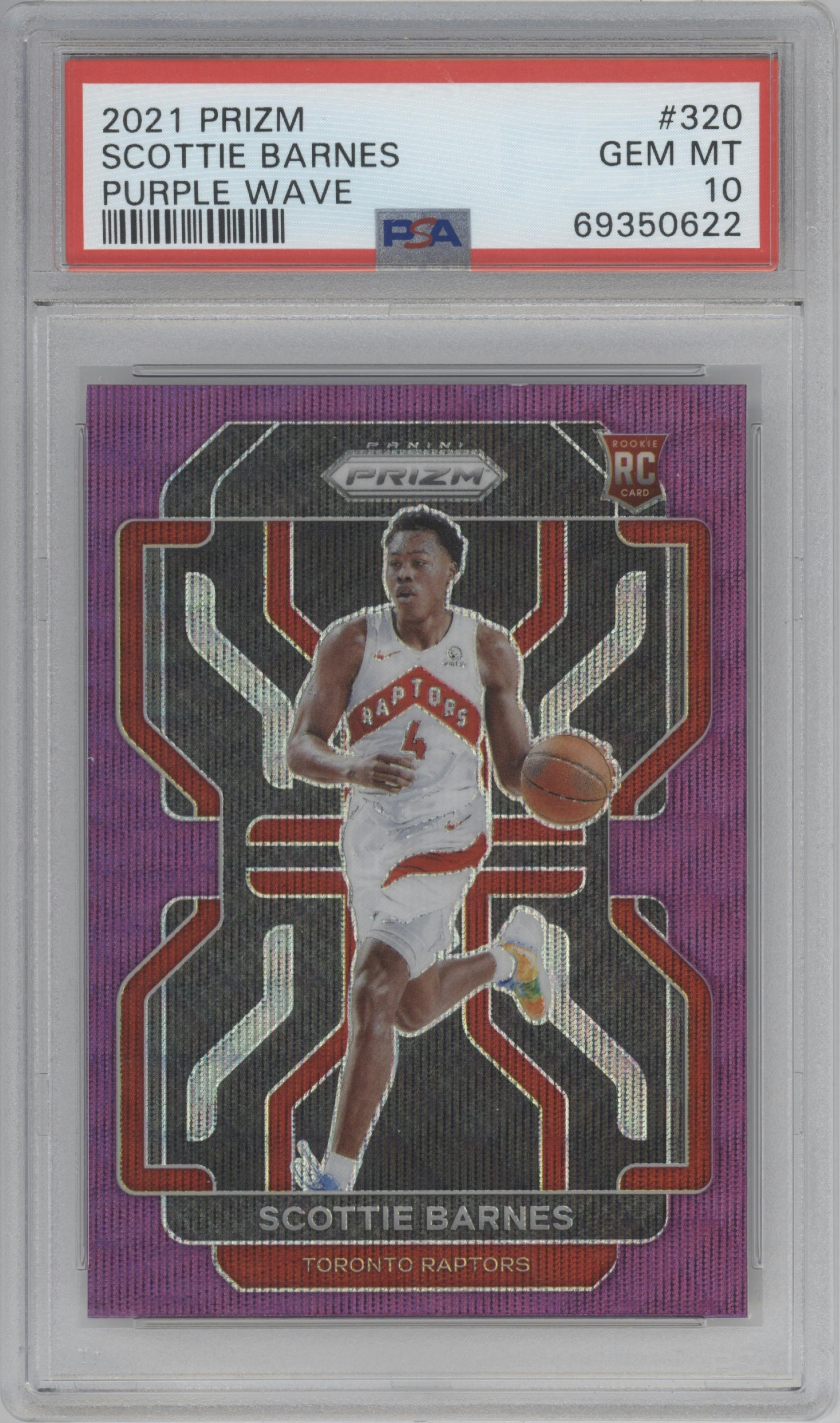 Scottie Barnes from the 2021-22 Panini Prizm  set featuring a Purple Wave parallel graded by PSA and given an overall grade of 10.