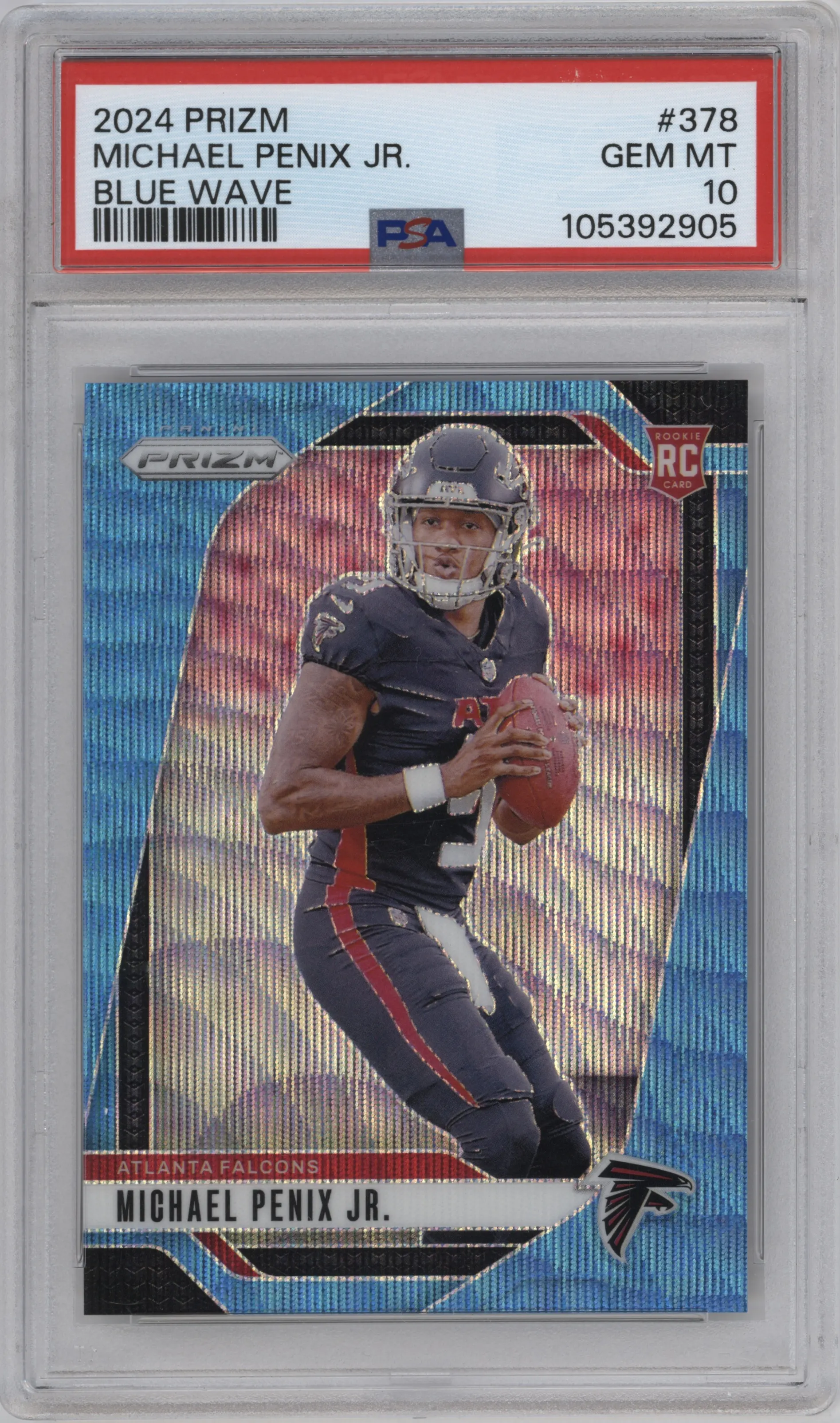 Michael Penix Jr. from the 2024 Panini Prizm set featuring a Blue Wave Prizm parallel graded by PSA and given an overall grade of 10.