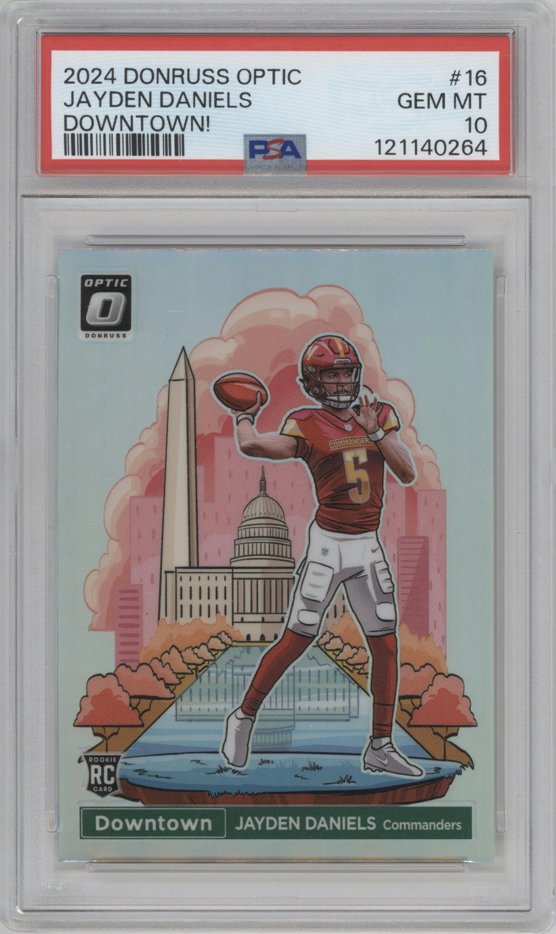 Jayden Daniels from the 2024 Donruss Optic set graded by PSA and given an overall grade of 10.
