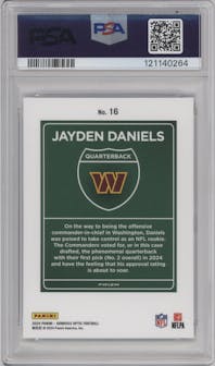 Jayden Daniels from the 2024 Donruss Optic set graded by PSA and given an overall grade of 10.