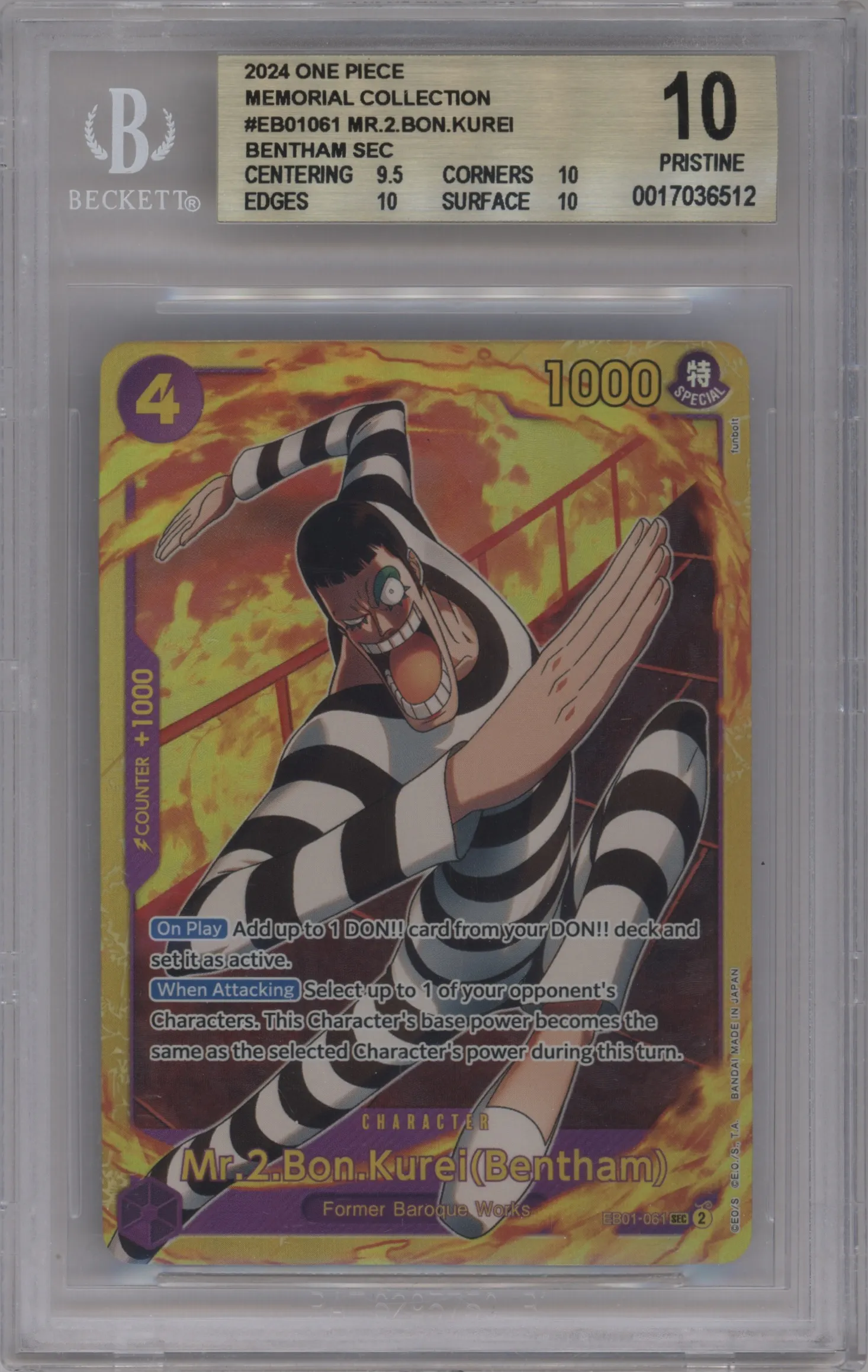 2024 One Piece Memorial Collection Mr.2.Bon.Kurei(Bentham) SEC #EB01-061 SEC BGS 10