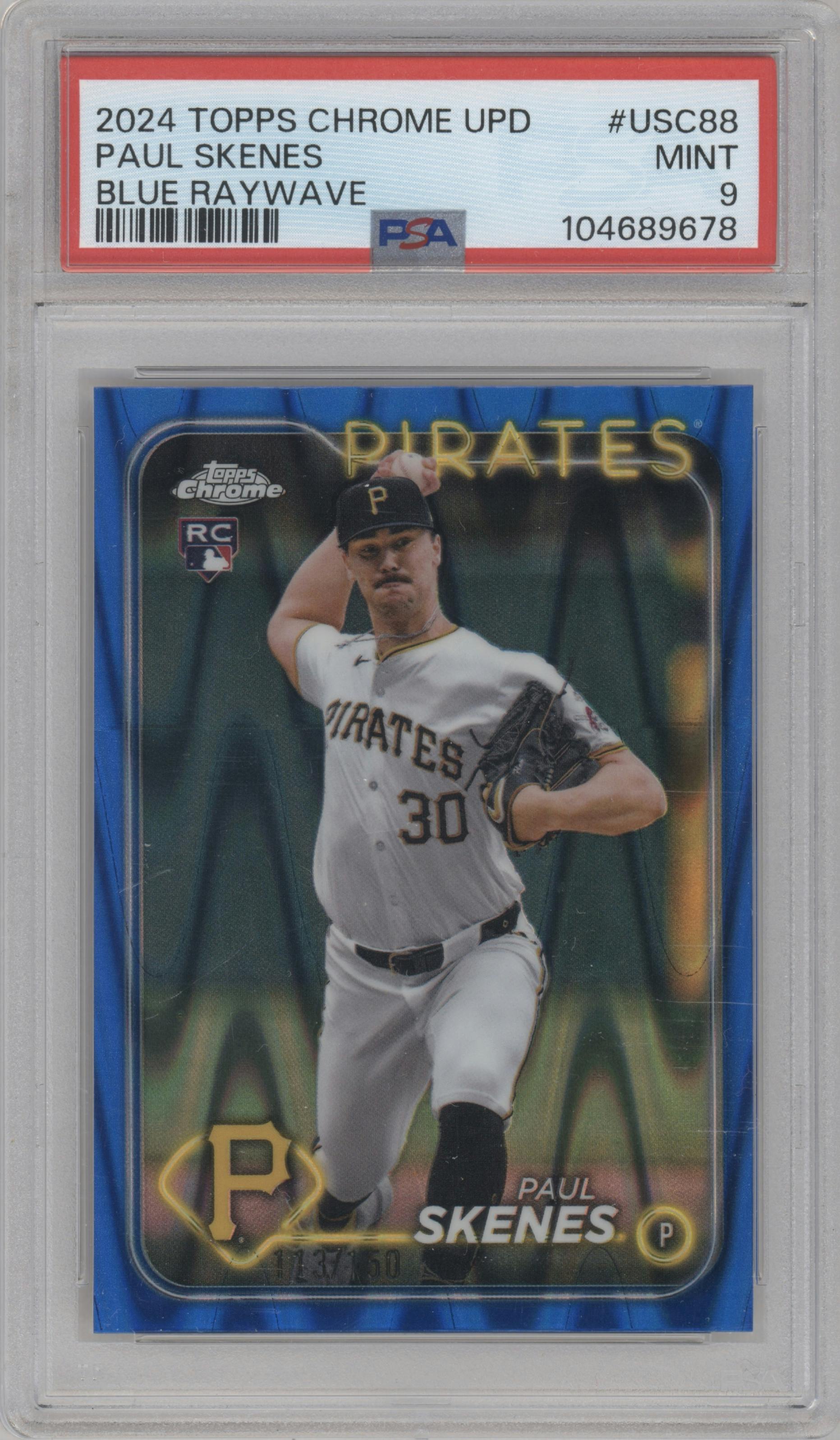 Paul Skenes from the 2024 Topps Chrome Update set featuring a Blue RayWave Refractor parallel graded by PSA and given an overall grade of 9.