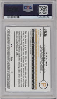 Paul Skenes from the 2024 Topps Chrome Update set featuring a Blue RayWave Refractor parallel graded by PSA and given an overall grade of 9.