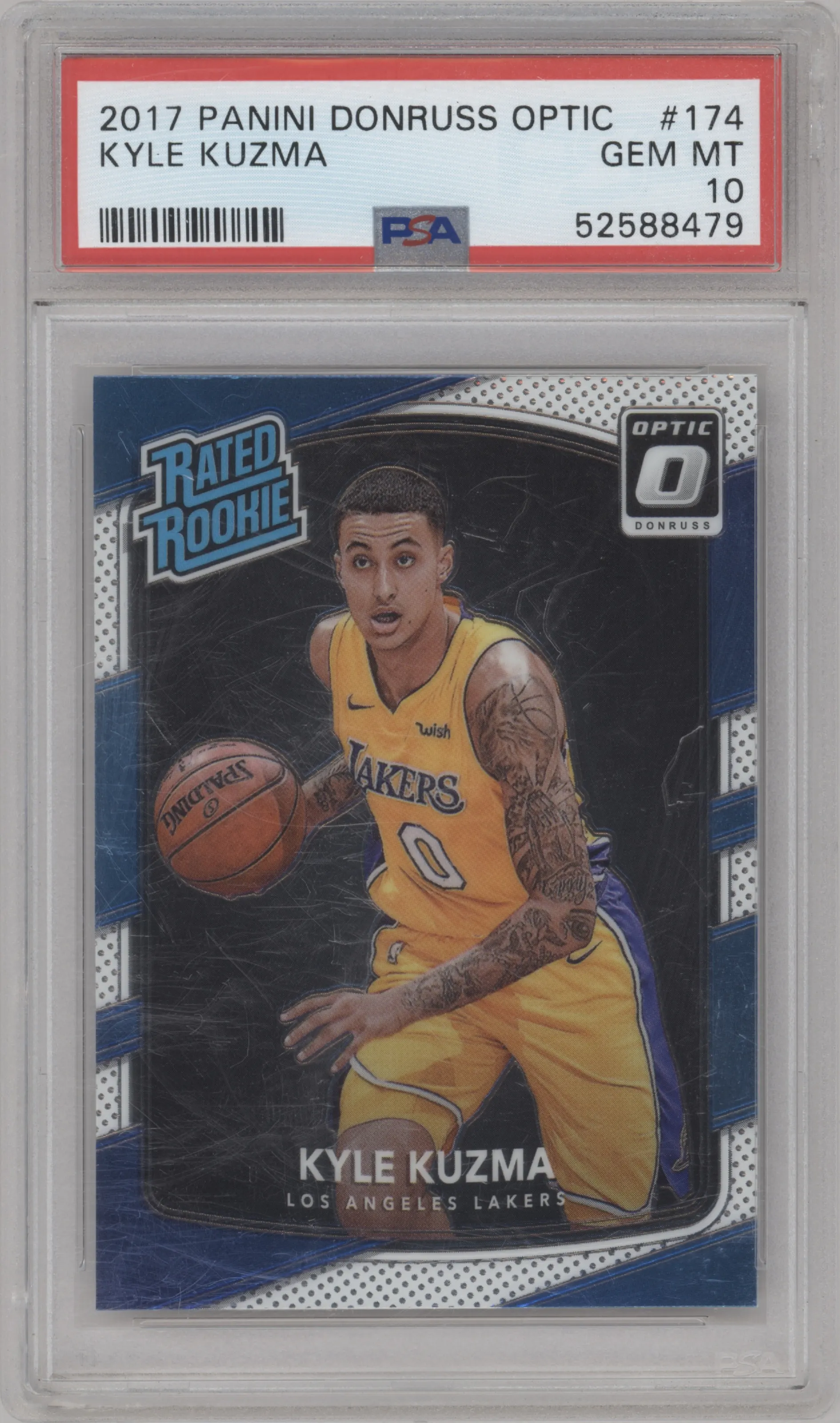 Kyle Kuzma from the 2017-18 Panini Donruss Optic set graded by PSA and given an overall grade of 10.