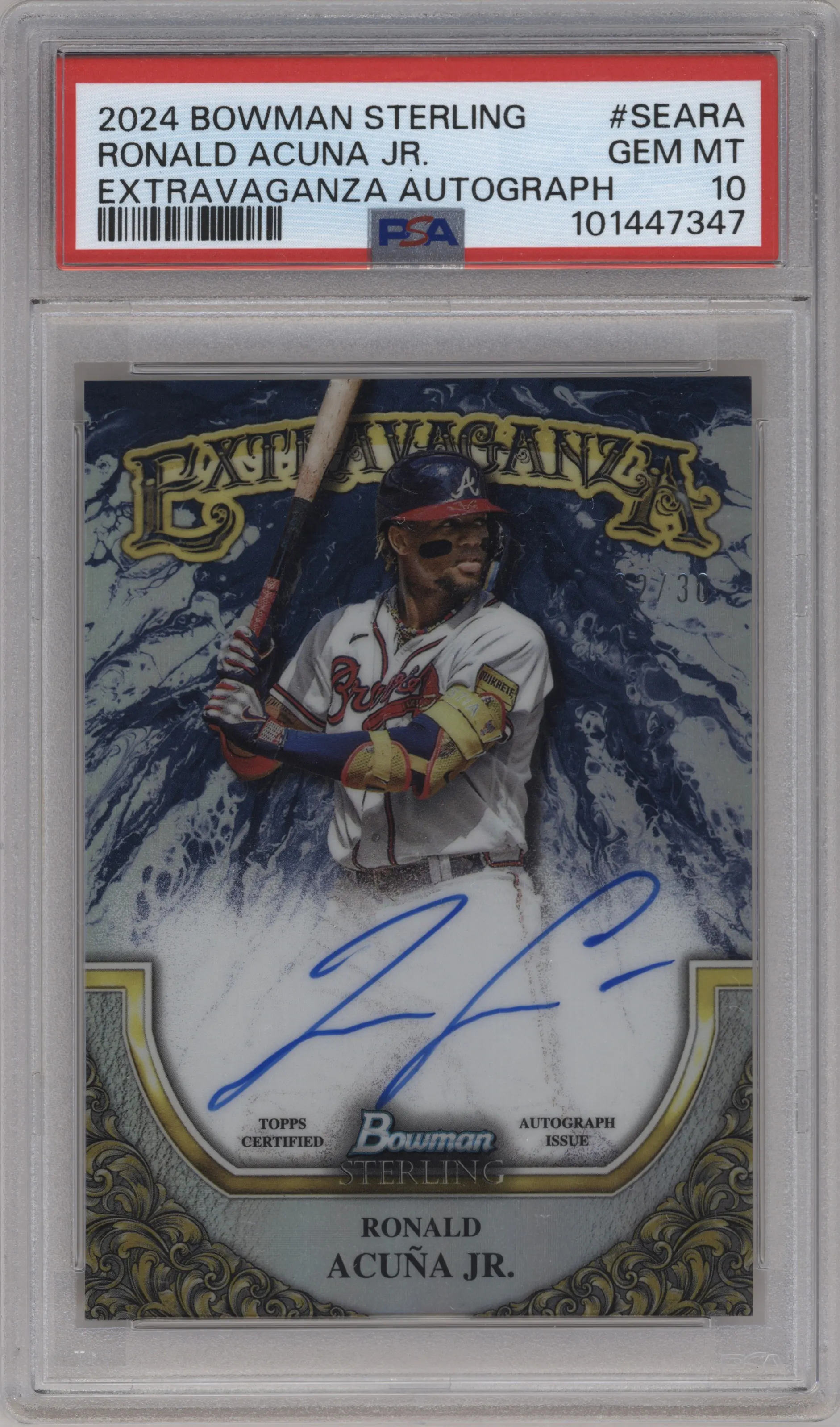 Ronald Acuna Jr. from the 2024 Bowman Sterling set graded by PSA and given an overall grade of 10.