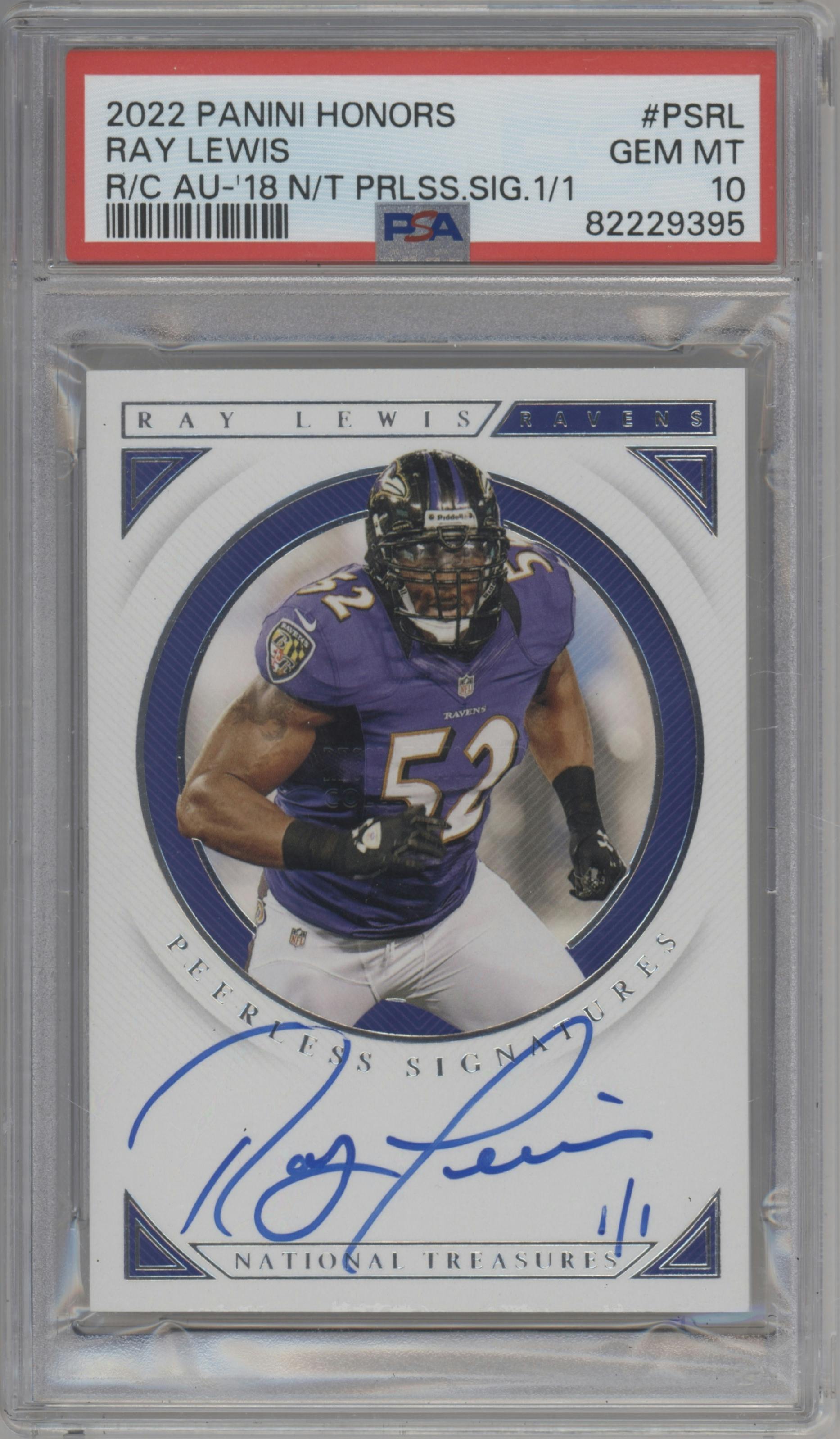 Ray Lewis from the 2022 Panini Honors set graded by PSA and given an overall grade of 10.