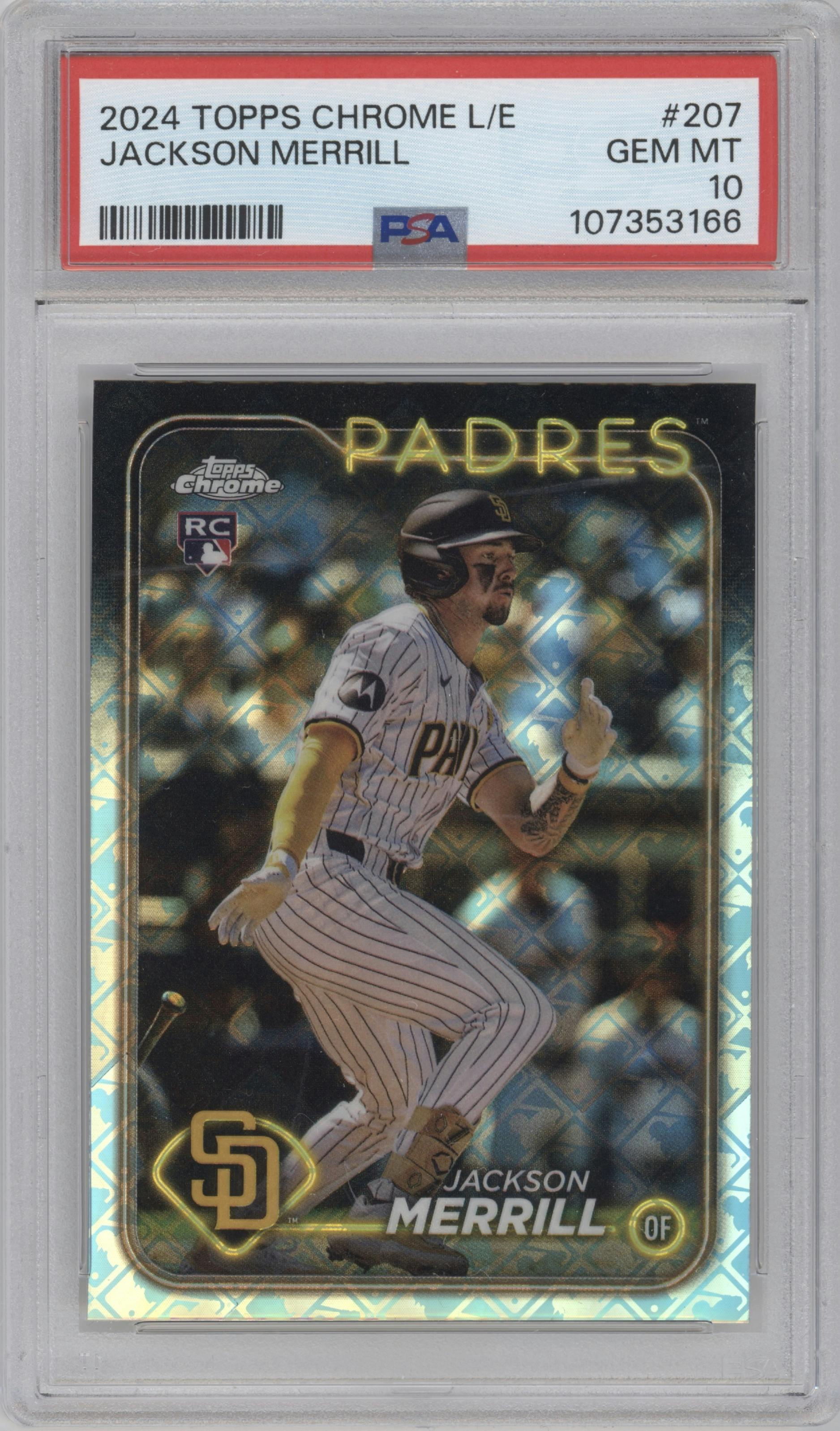 Jackson Merrill from the 2024 Topps Chrome Logofractor set graded by PSA and given an overall grade of 10.