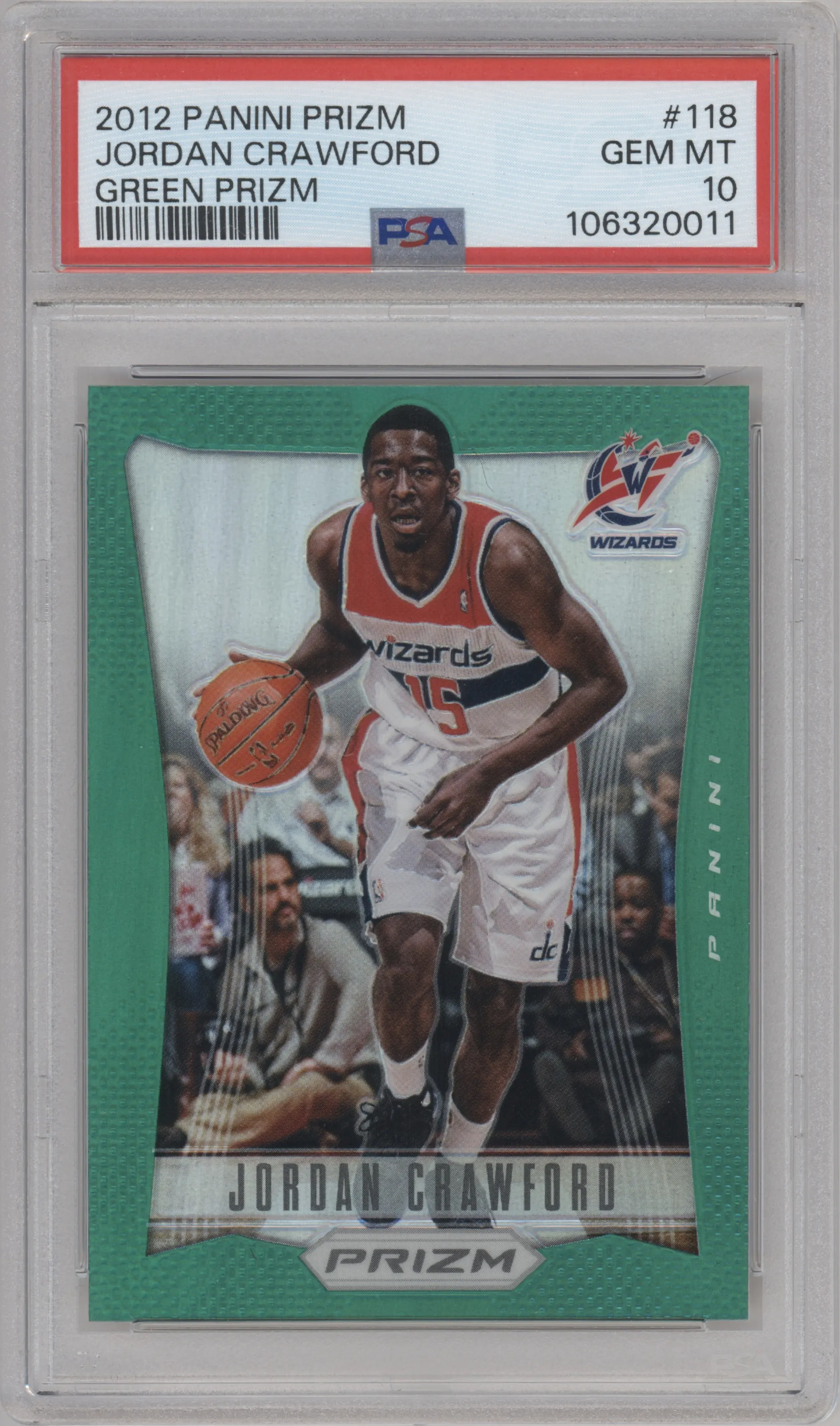 Jordan Crawford from the 2012-13 Panini Prizm set featuring a Green Prizm parallel graded by PSA and given an overall grade of 10.
