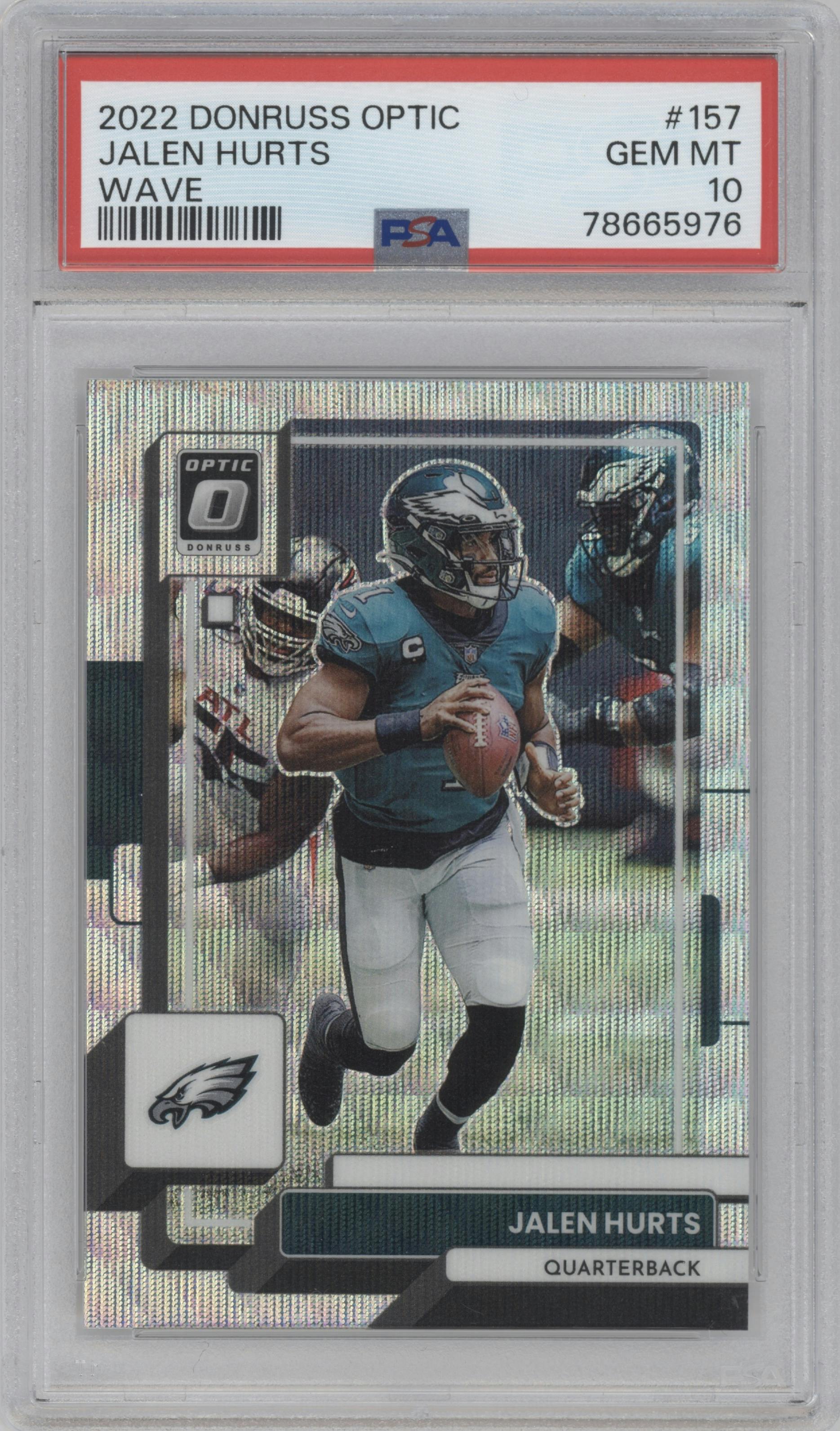 Jalen Hurts from the 2022 Panini Donruss Optic set featuring a Wave parallel graded by PSA and given an overall grade of 10.