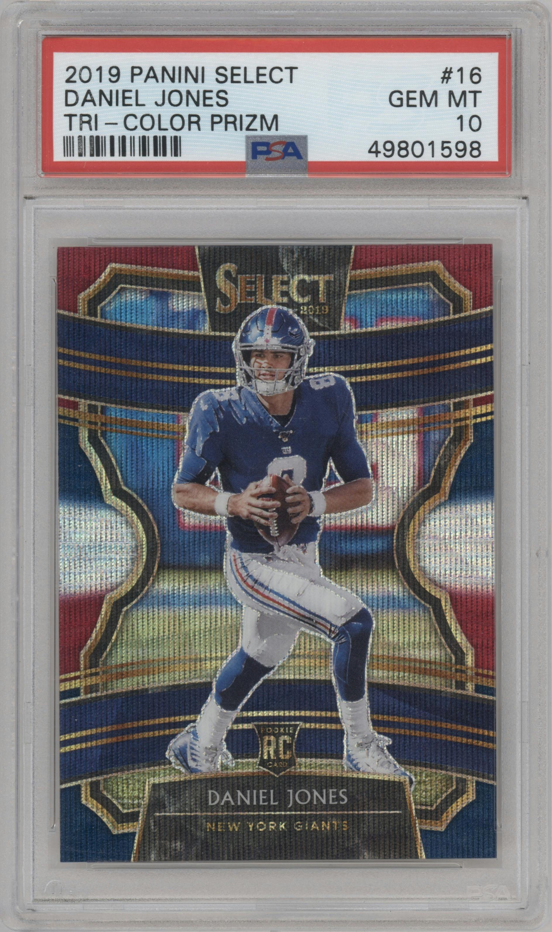 Daniel Jones from the 2019 Panini Select  set featuring a Tri-Color parallel graded by PSA and given an overall grade of 10.