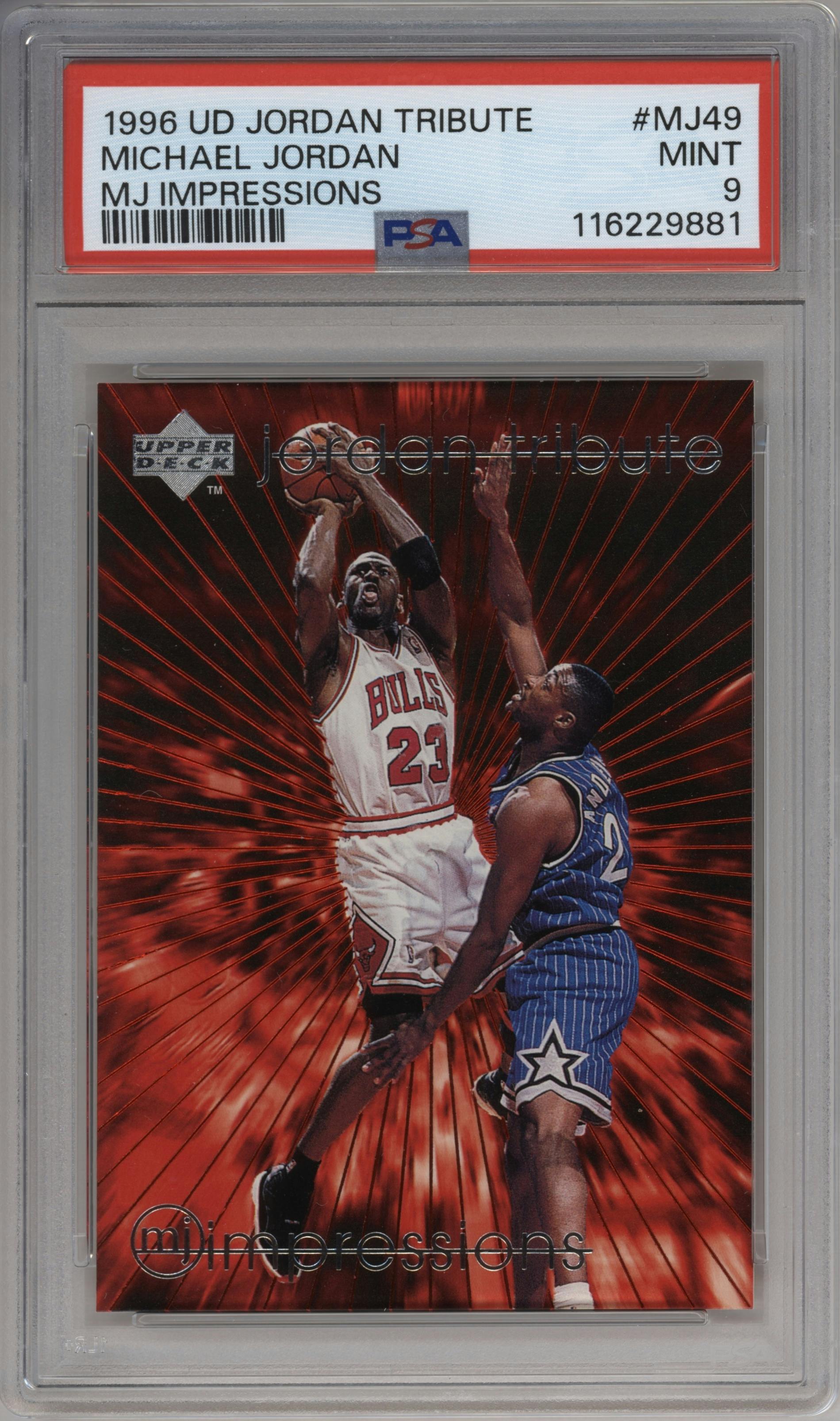 Michael Jordan from the 1997-98 Upper Deck Michael Jordan Tribute set graded by PSA and given an overall grade of 9.