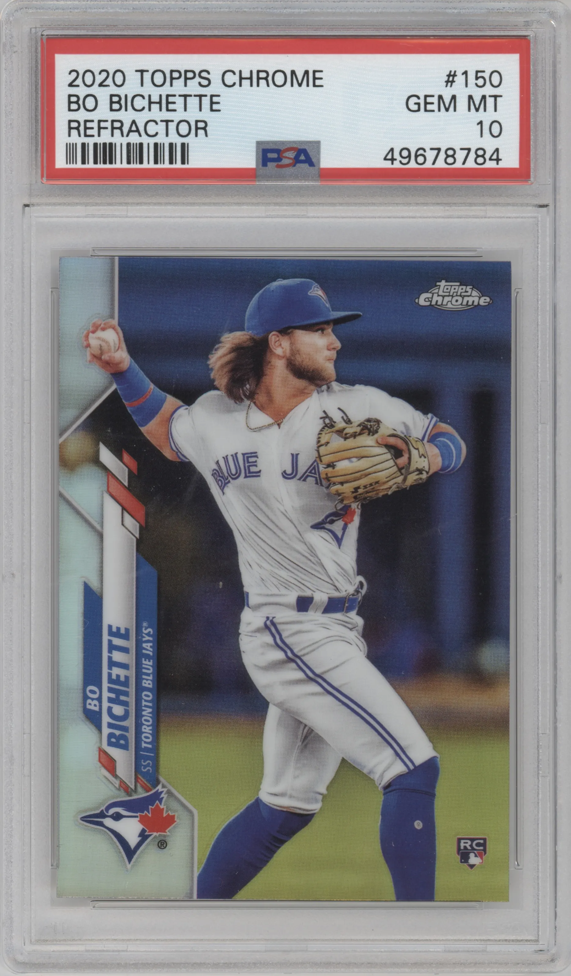 Bo Bichette from the 2020 Topps Chrome set featuring a Refractor  parallel graded by PSA and given an overall grade of 10.