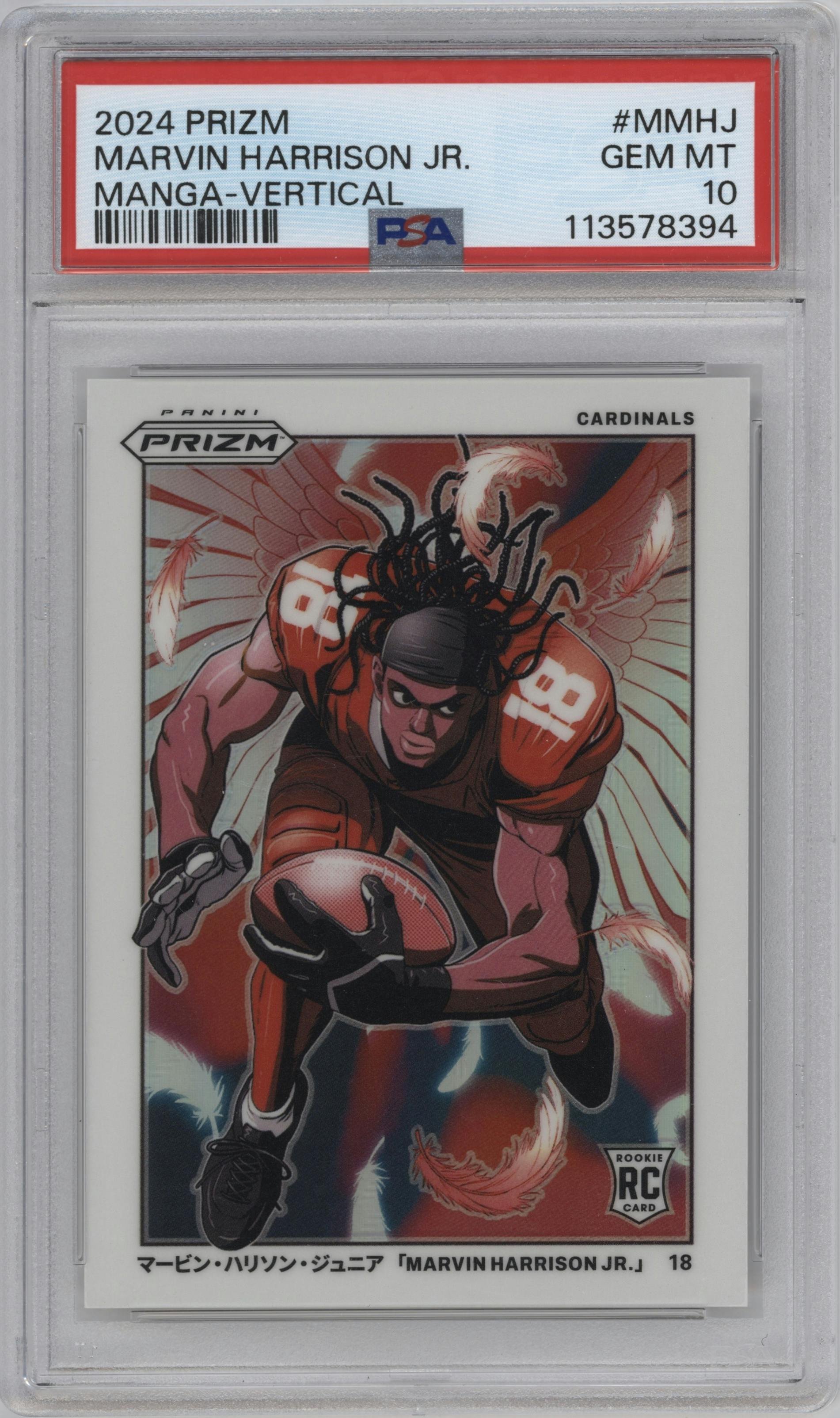 Marvin Harrison Jr. from the 2024 Panini Prizm set graded by PSA and given an overall grade of 10.