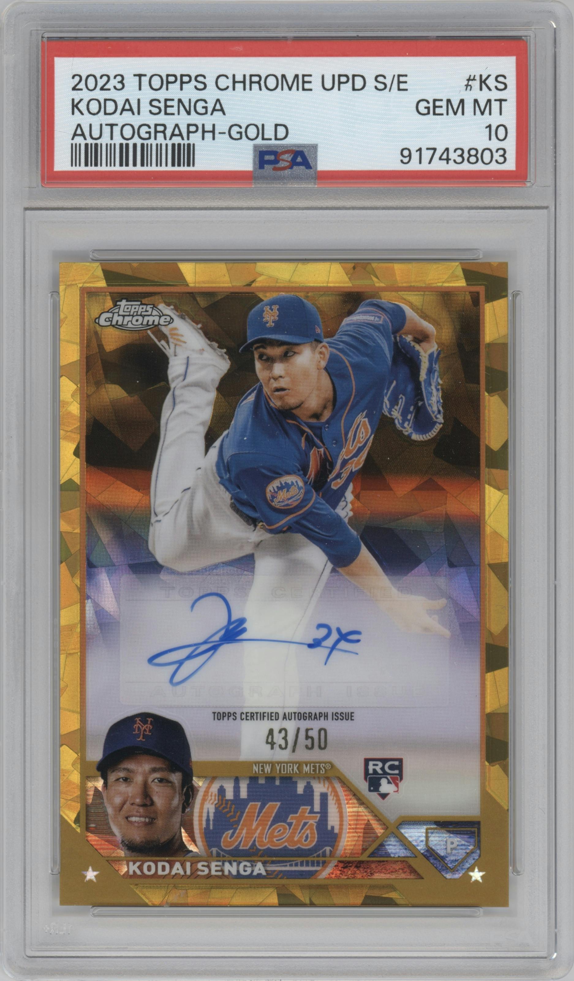 Kodai Senga from the 2023 Topps Chrome Update Series Sapphire Edition set featuring a Gold parallel graded by PSA and given an overall grade of 10.