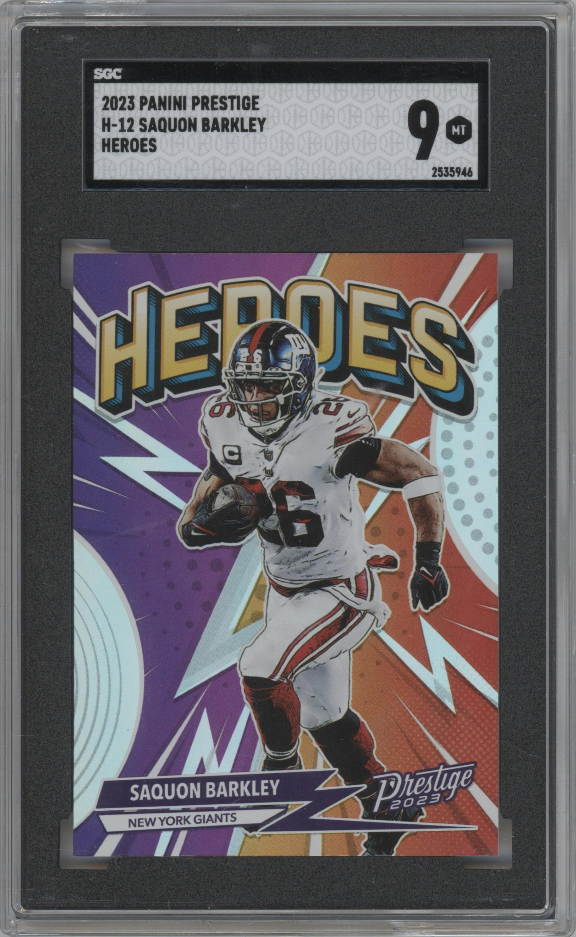 Saquon Barkley from the 2023 Panini Prestige set graded by SGC and given an overall grade of 9.