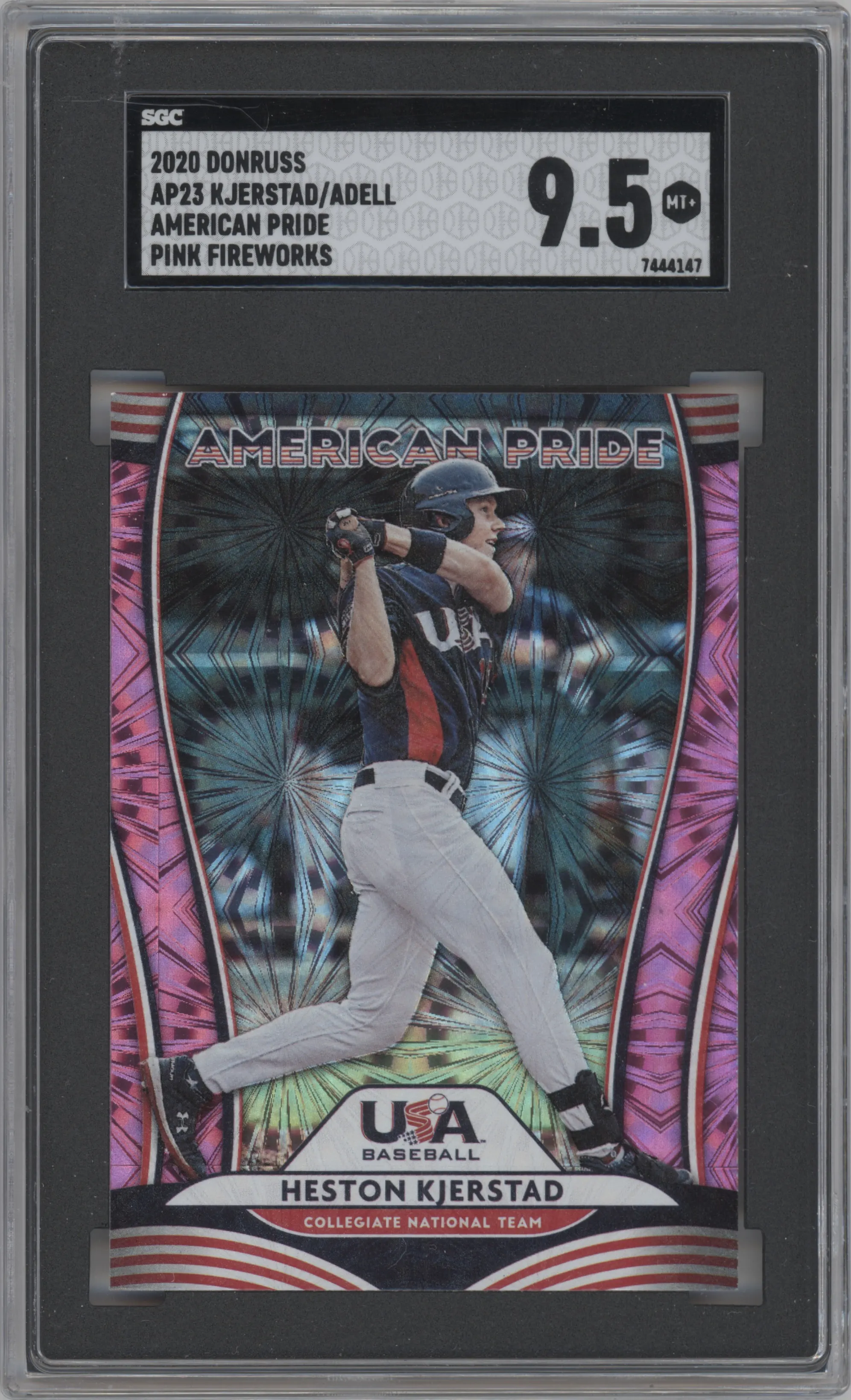 Heston Kjerstad/Jo Adell from the 2020 Panini Donruss set featuring a Pink Fireworks parallel graded by SGC and given an overall grade of 9.5.