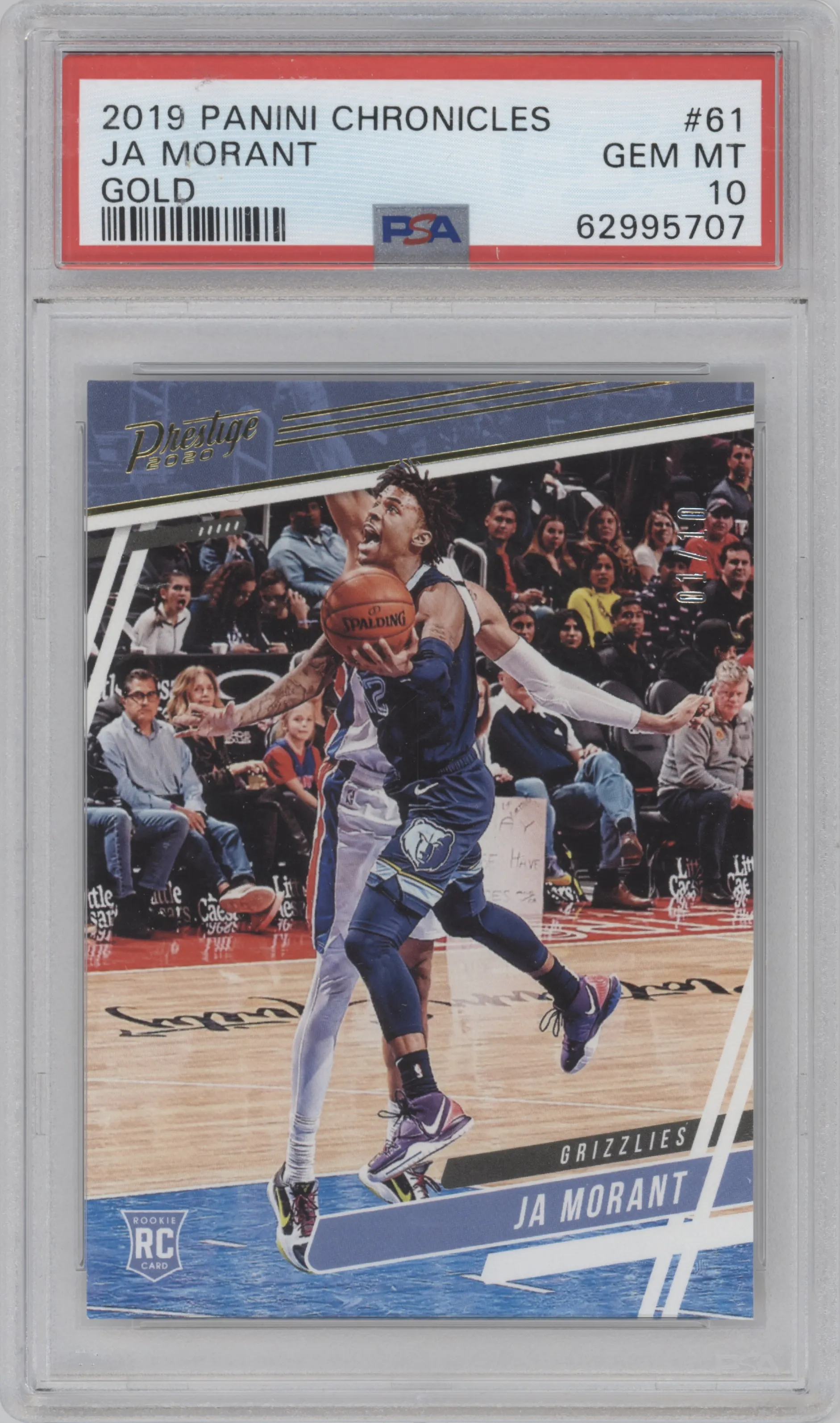 Ja Morant from the 2019-20 Panini Chronicles  set featuring a Gold parallel graded by PSA and given an overall grade of 10.