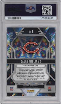 Caleb Williams from the 2024 Panini Prizm set featuring a Purple Power parallel graded by PSA and given an overall grade of 10.