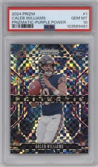 Caleb Williams from the 2024 Panini Prizm set featuring a Purple Power parallel graded by PSA and given an overall grade of 10.