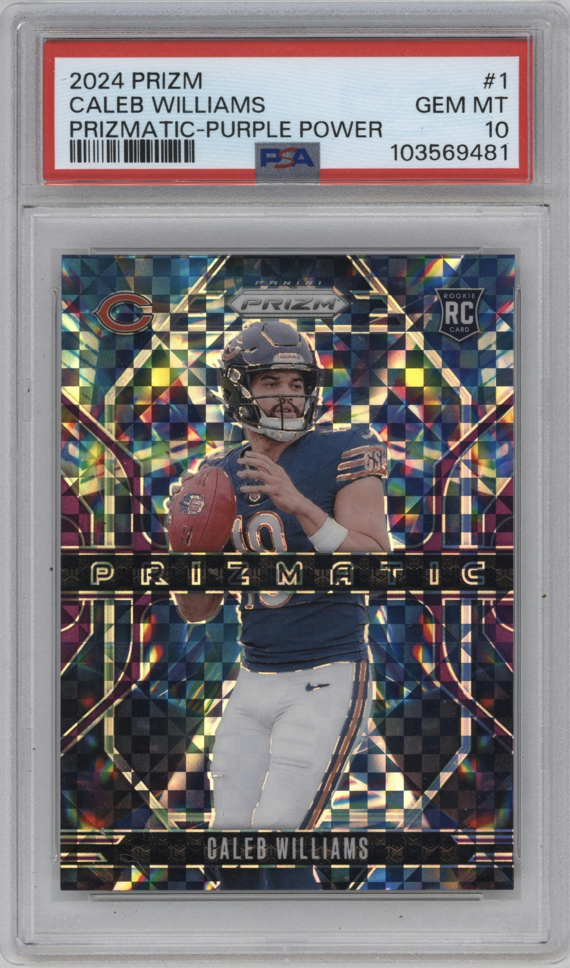 Caleb Williams from the 2024 Panini Prizm set featuring a Purple Power parallel graded by PSA and given an overall grade of 10.