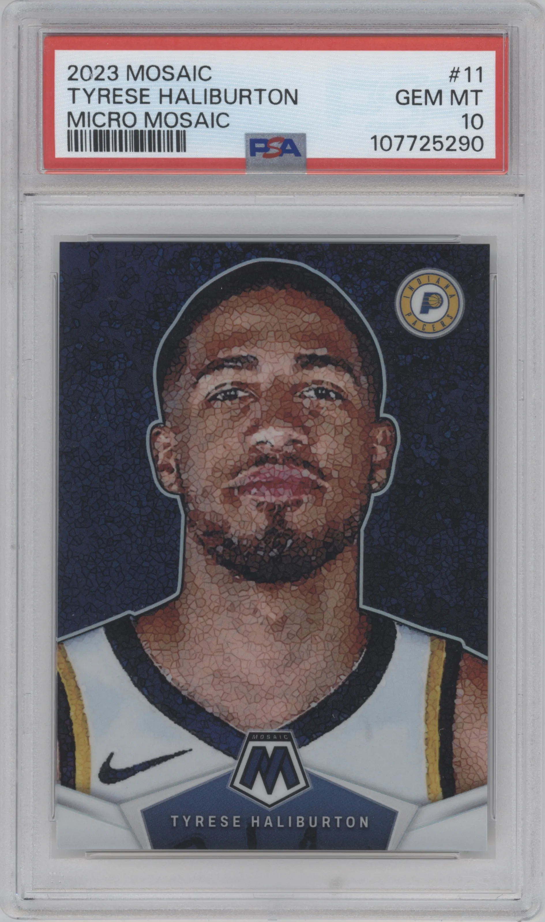 Tyrese Haliburton from the 2023-24 Panini Mosaic set graded by PSA and given an overall grade of 10.