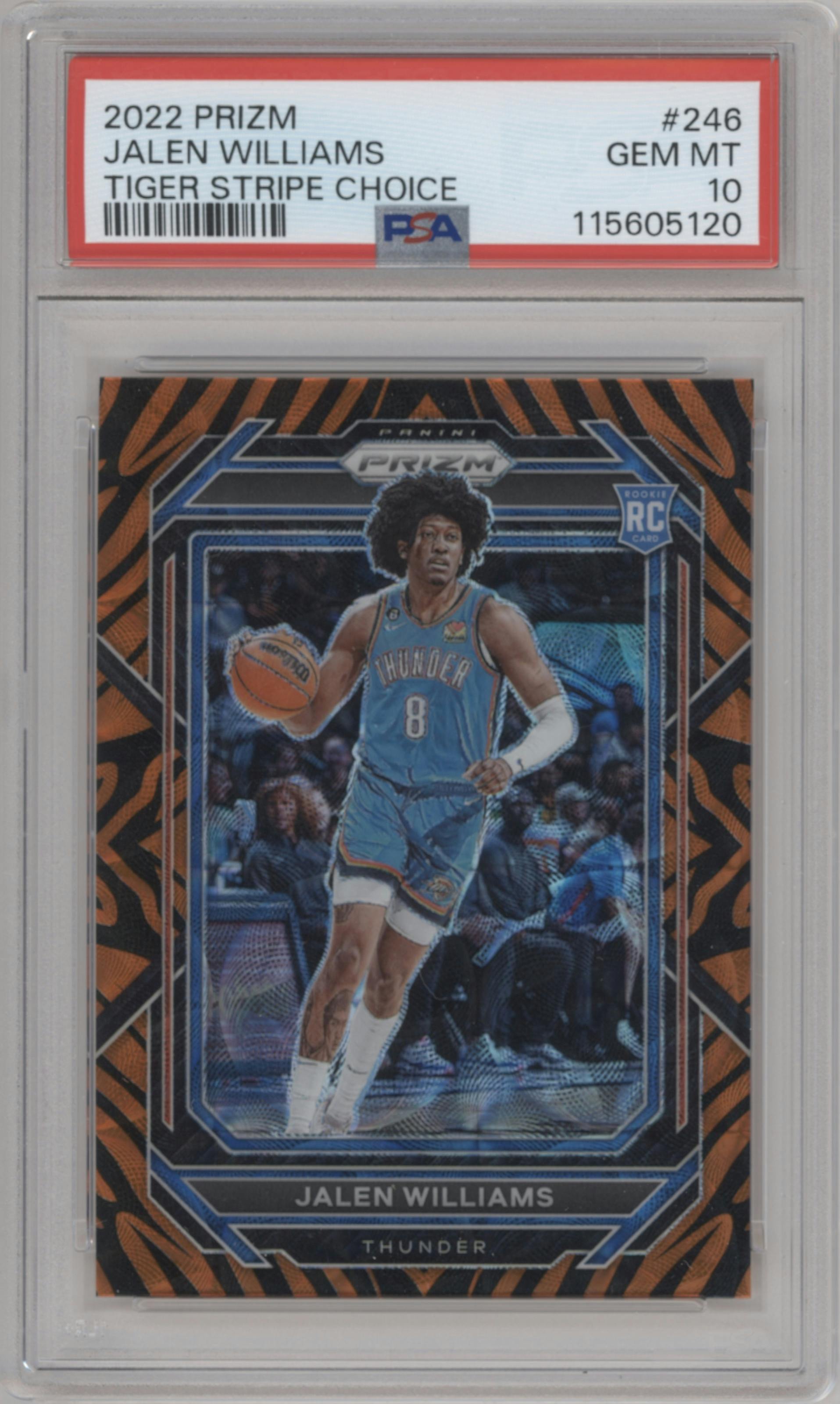 Jalen Williams from the 2022-23 Panini Prizm  set featuring a Choice Tiger Stripe parallel graded by PSA and given an overall grade of 10.