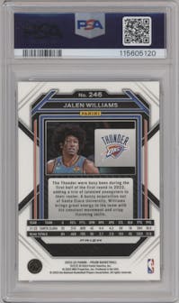 Jalen Williams from the 2022-23 Panini Prizm  set featuring a Choice Tiger Stripe parallel graded by PSA and given an overall grade of 10.