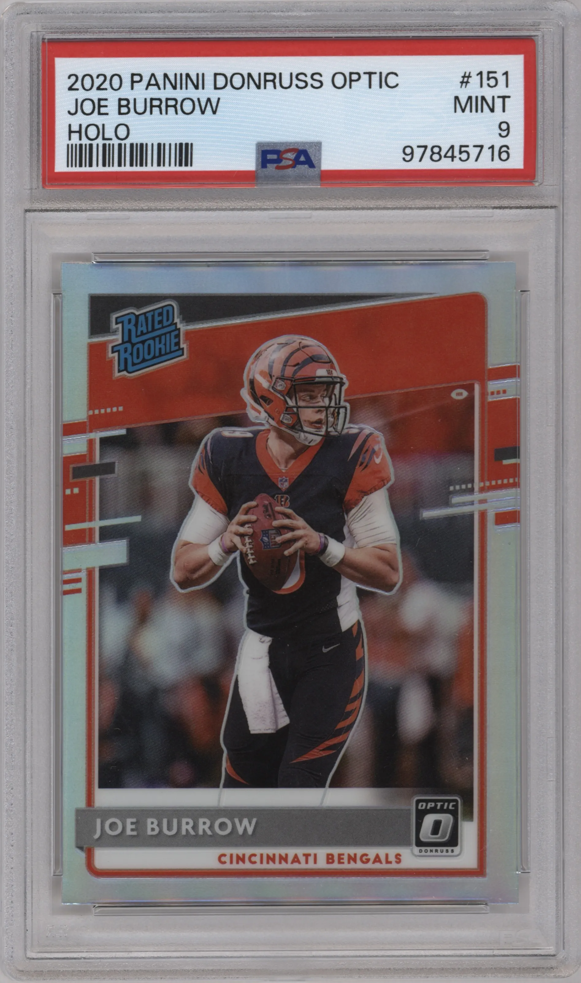 Joe Burrow from the 2020 Panini Donruss Optic set featuring a Holo parallel graded by PSA and given an overall grade of 9.