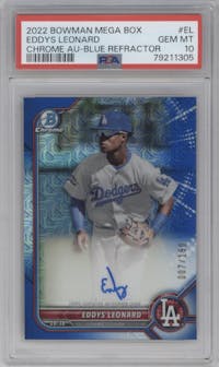 Eddys Leonard from the 2022 Bowman Mega Box set featuring a Blue Refractor parallel graded by PSA and given an overall grade of 10.
