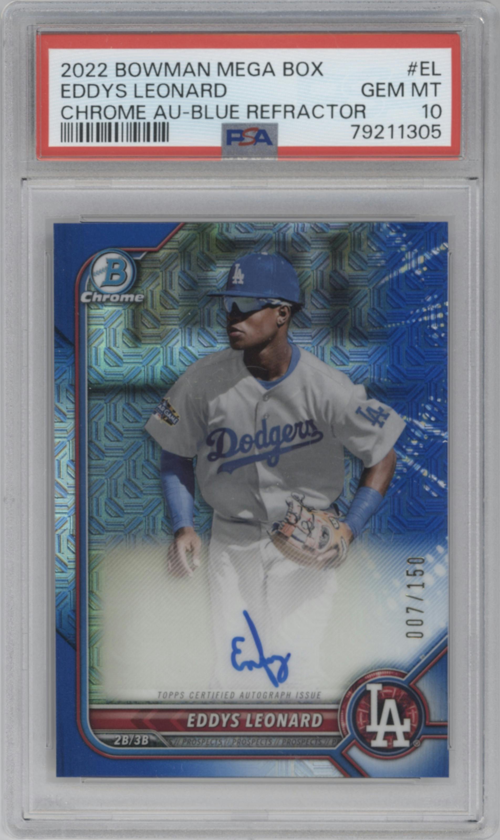 Eddys Leonard from the 2022 Bowman Mega Box set featuring a Blue Refractor parallel graded by PSA and given an overall grade of 10.