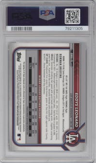 Eddys Leonard from the 2022 Bowman Mega Box set featuring a Blue Refractor parallel graded by PSA and given an overall grade of 10.