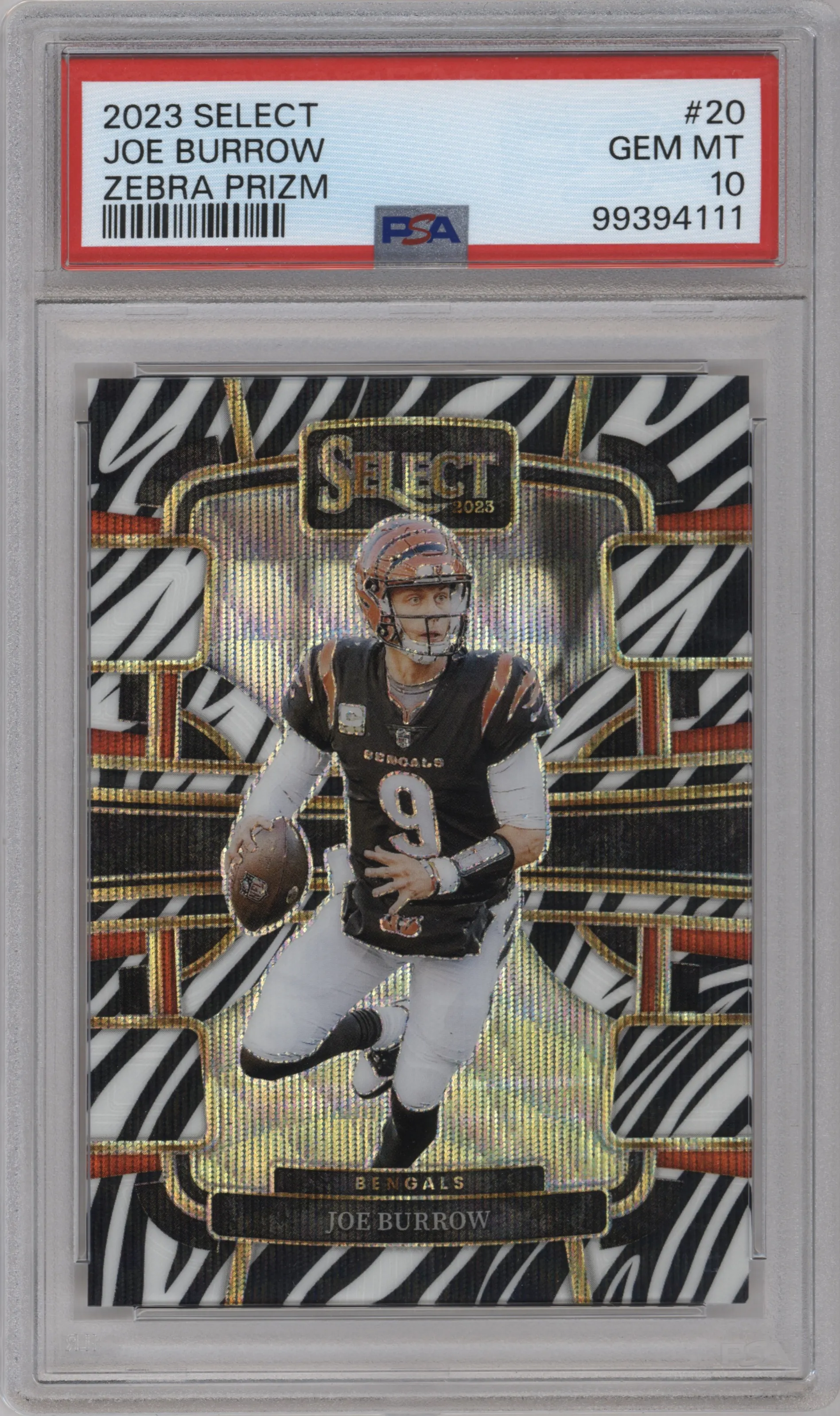 Joe Burrow  from the 2023 Panini Select set featuring a Zebra parallel graded by PSA and given an overall grade of 10.