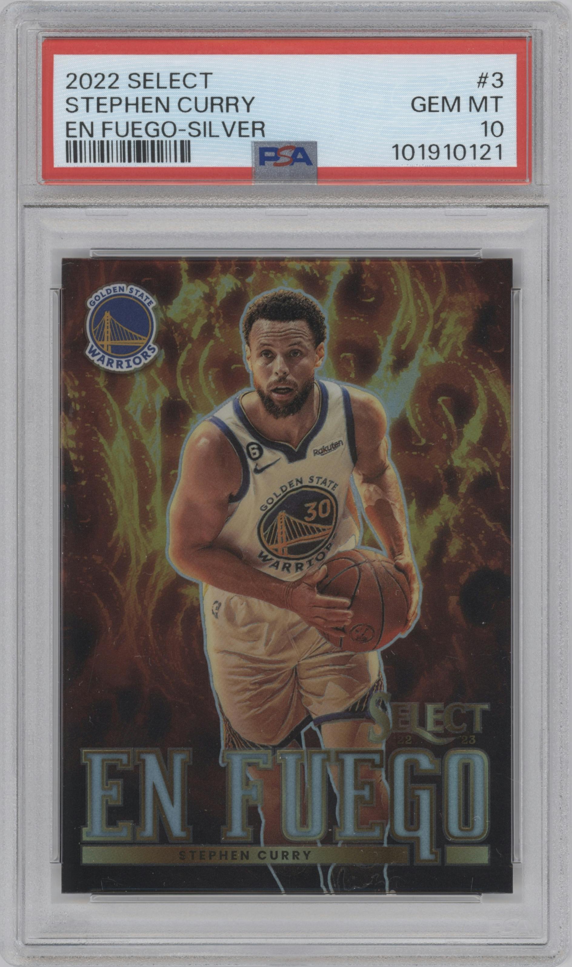 Stephen Curry from the 2022-23 Panini Select set featuring a Silver parallel graded by PSA and given an overall grade of 10.
