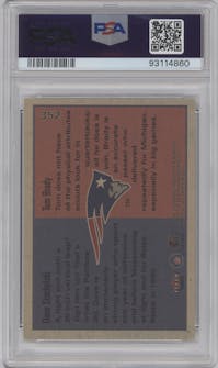Dave Stachelski/Tom Brady from the 2000 Fleer Tradition set graded by PSA and given an overall grade of 9.
