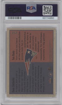 Dave Stachelski/Tom Brady from the 2000 Fleer Tradition set graded by PSA and given an overall grade of 9.