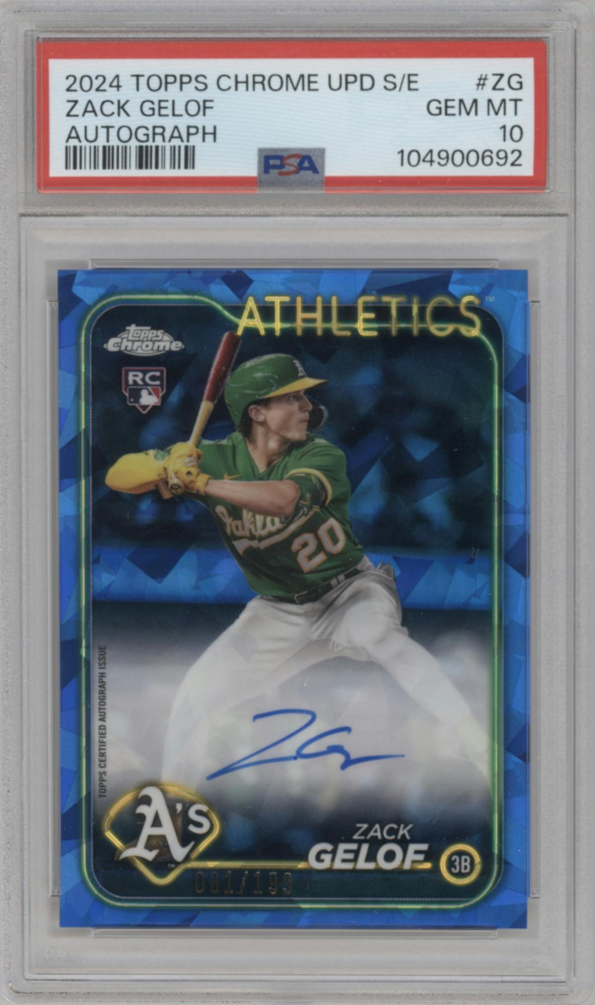 Zack Gelof  from the 2024 Topps Chrome Update Sapphire Edition set graded by PSA and given an overall grade of 10.