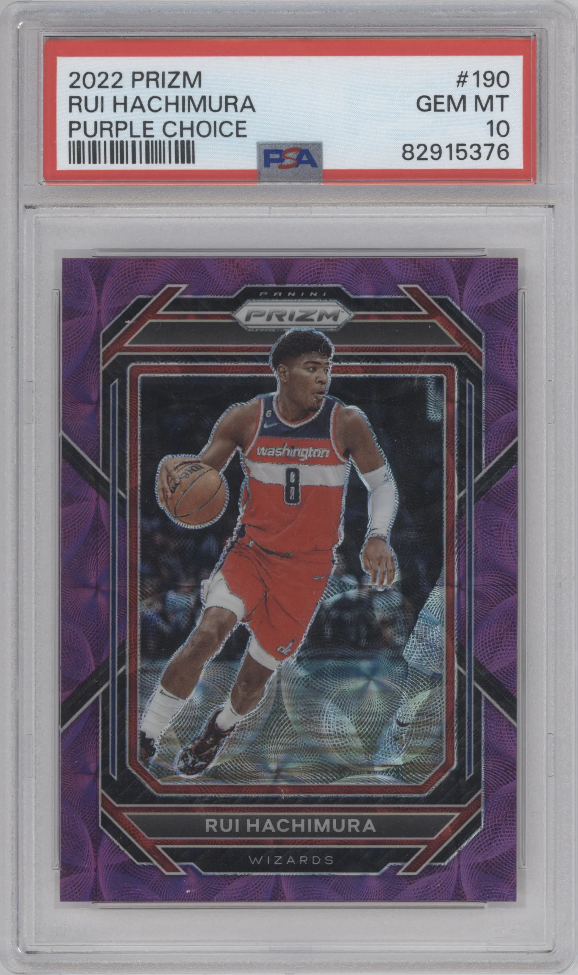 Rui Hachimura from the 2022-23 Panini Prizm  set featuring a Choice Purple  parallel graded by PSA and given an overall grade of 10.