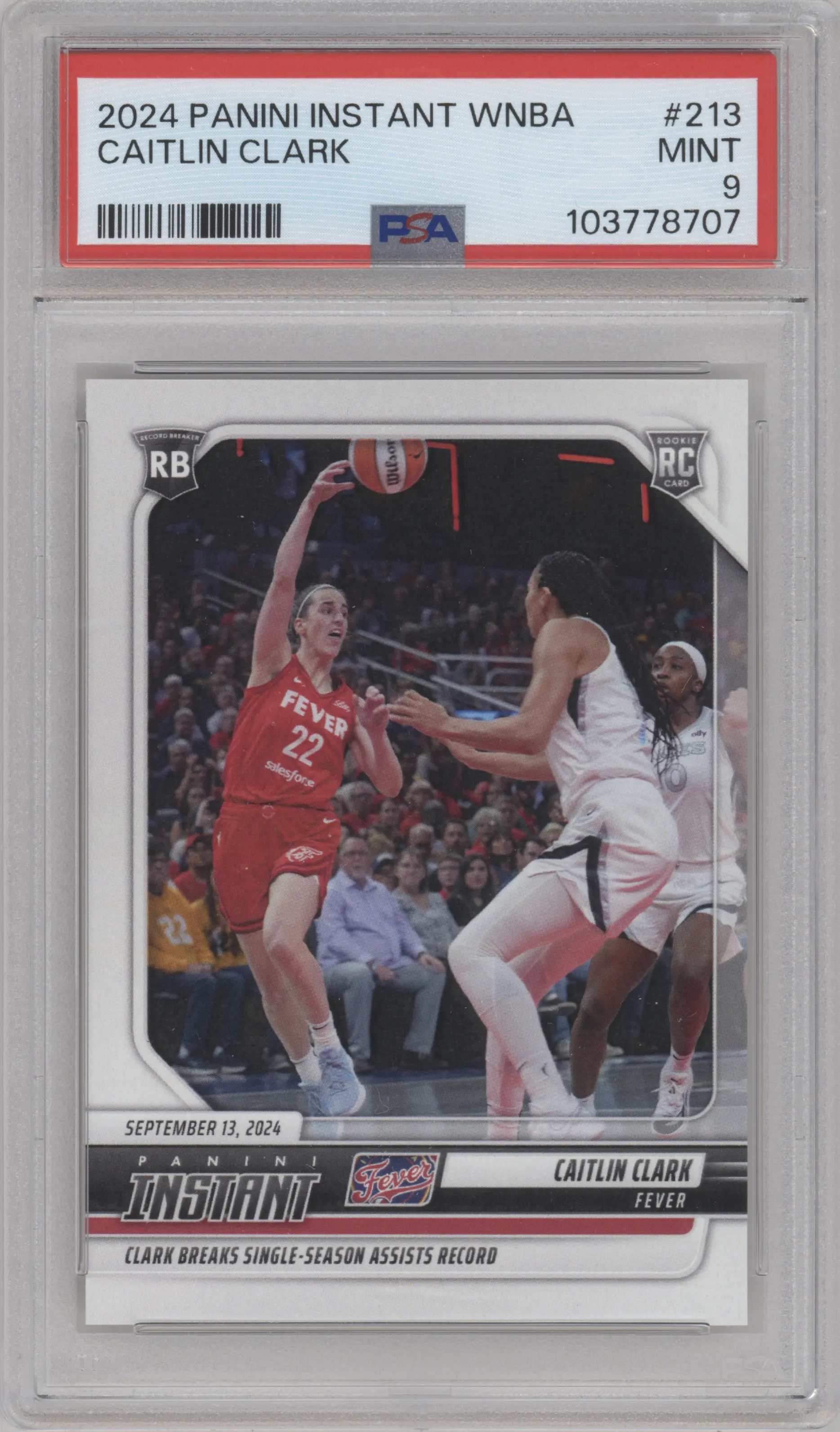 Caitlin Clark from the 2024-25 Panini Instant WNBA set graded by PSA and given an overall grade of 9.