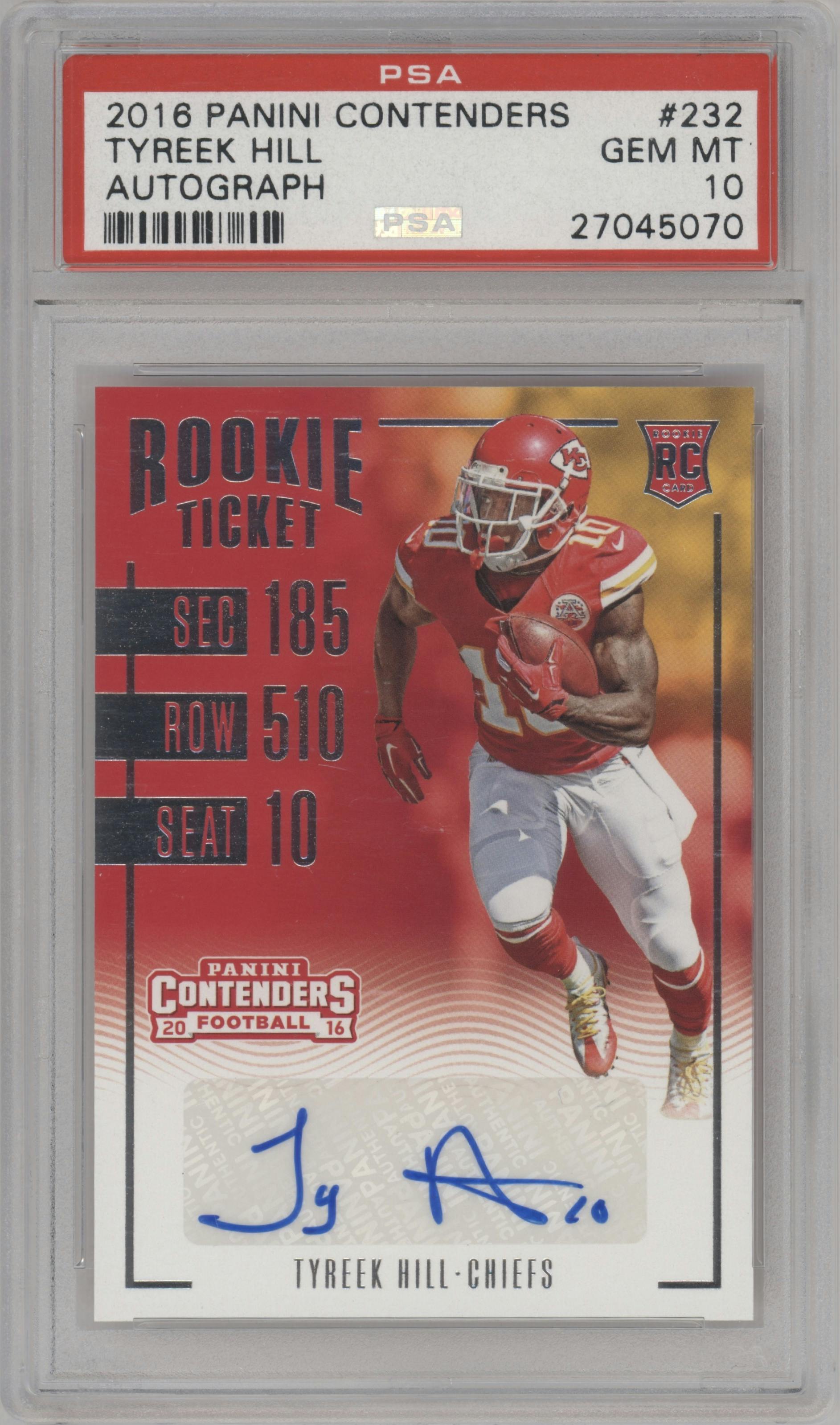 Tyreek Hill from the 2016 Panini Contenders set graded by PSA and given an overall grade of 10.