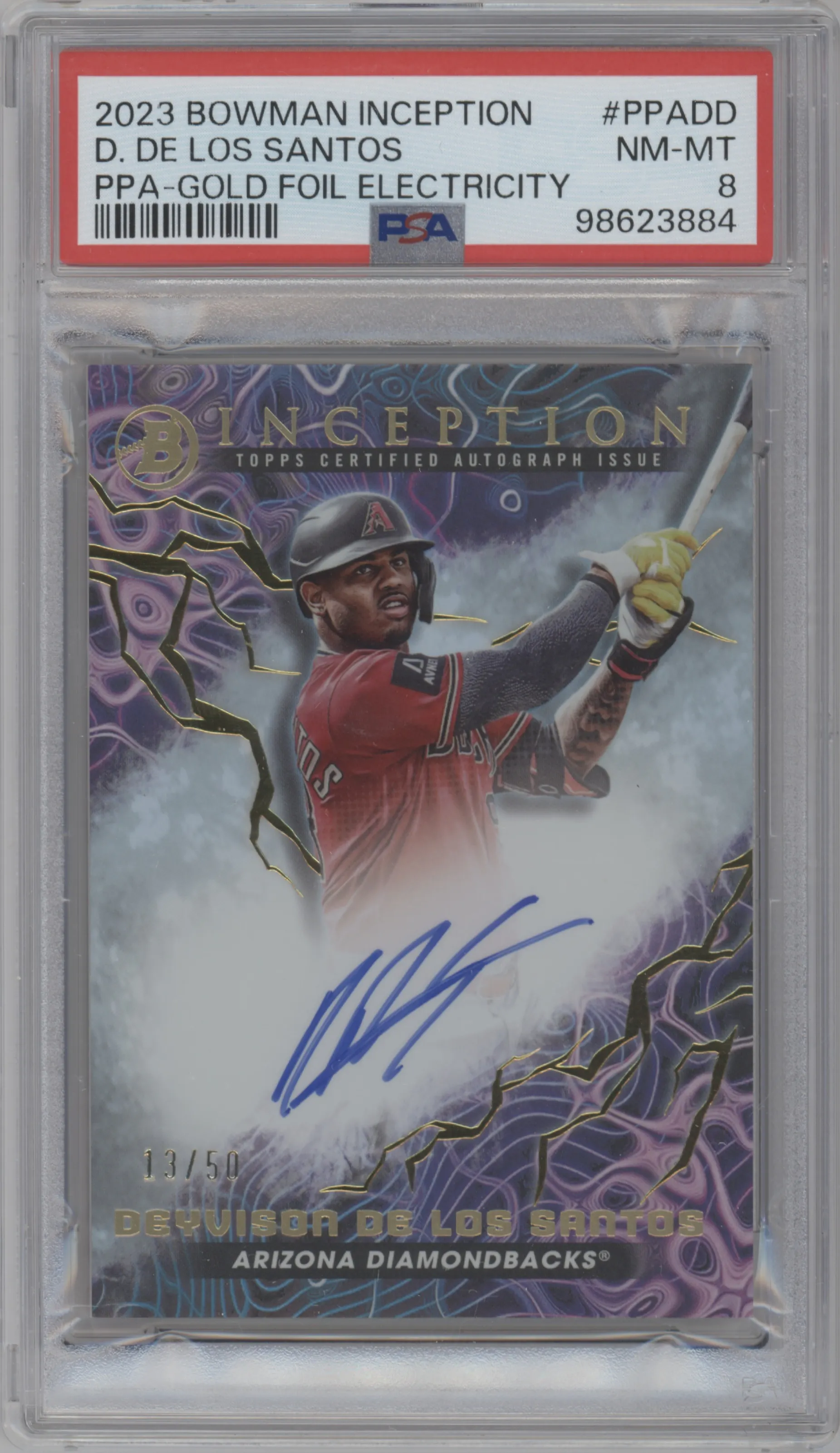 Deyvison De Los Santos from the 2023 Bowman Inception set featuring a Gold Foil Electricity parallel graded by PSA and given an overall grade of 8.