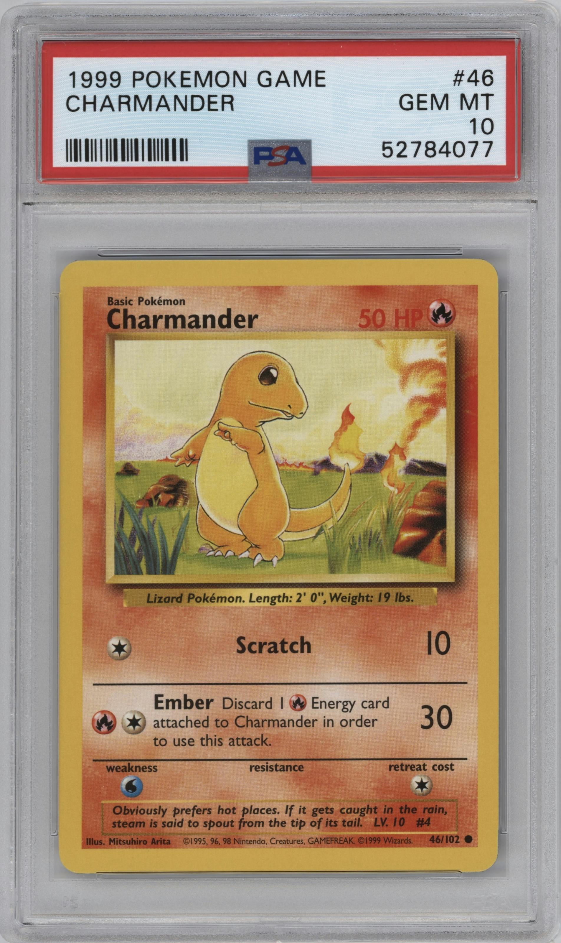 Charmander from the 1999 Pokemon set graded by PSA and given an overall grade of 10.